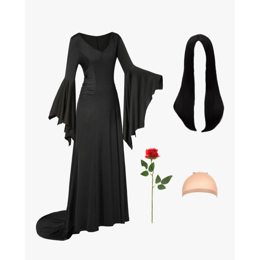 Black Bell-Sleeve Gothic Halloween Morticia Adams costume
